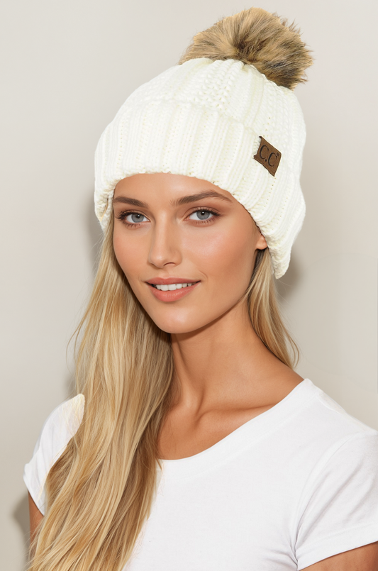winter warm white cable knit beanie for women pom pom hat winter hat