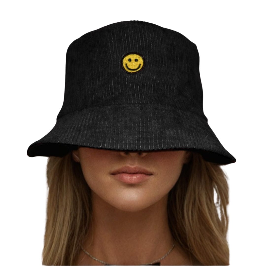 Auliné Collection Apparel Black Happy Face Bucket Hat Happy Smiley Face Bucket Hat – Fashionable Corduroy Sun Hat for Men & Women, Great for Gifting and Outdoors