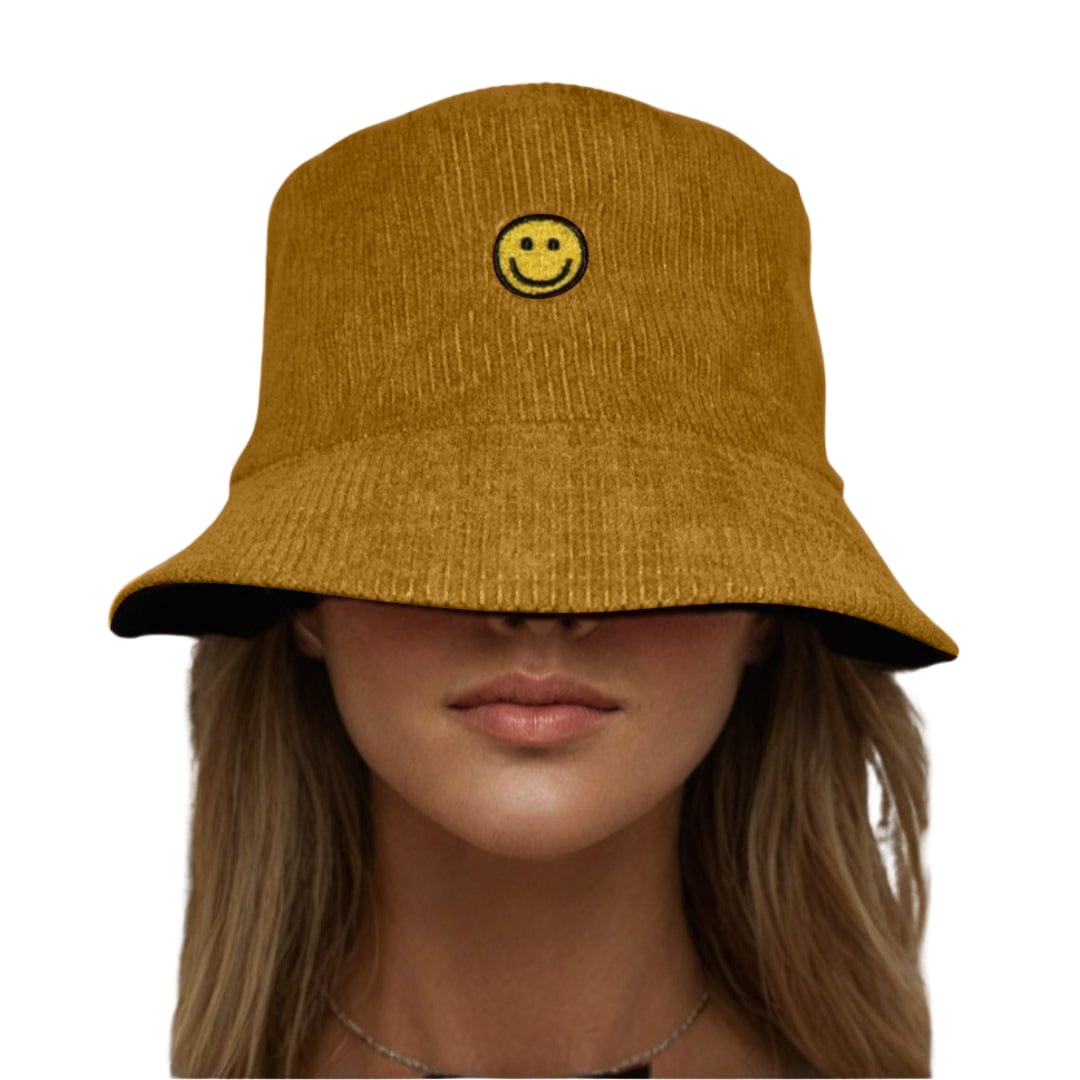 Auliné Collection Apparel Khaki Happy Face Bucket Hat Happy Smiley Face Bucket Hat – Fashionable Corduroy Sun Hat for Men & Women, Great for Gifting and Outdoors