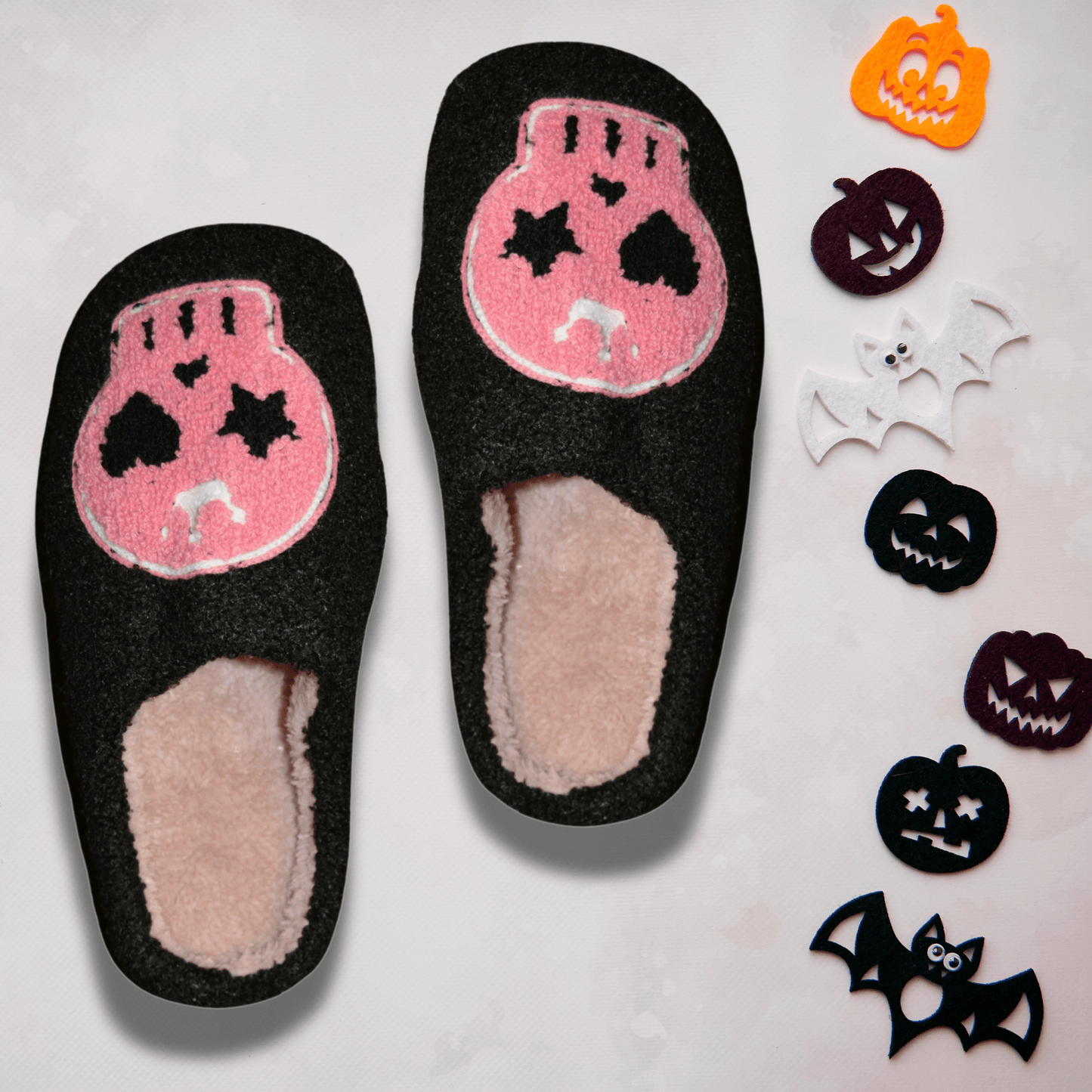 Auliné Collection Black Heart-Star Eyed Spooky Skull Slippers / S Women's Cute Smiley Happy Face Plush Slippers, Soft Fluffy Comfortable Home Slippers, Warm Cozy Comfort for Indoor & Outdoor Use Gifts