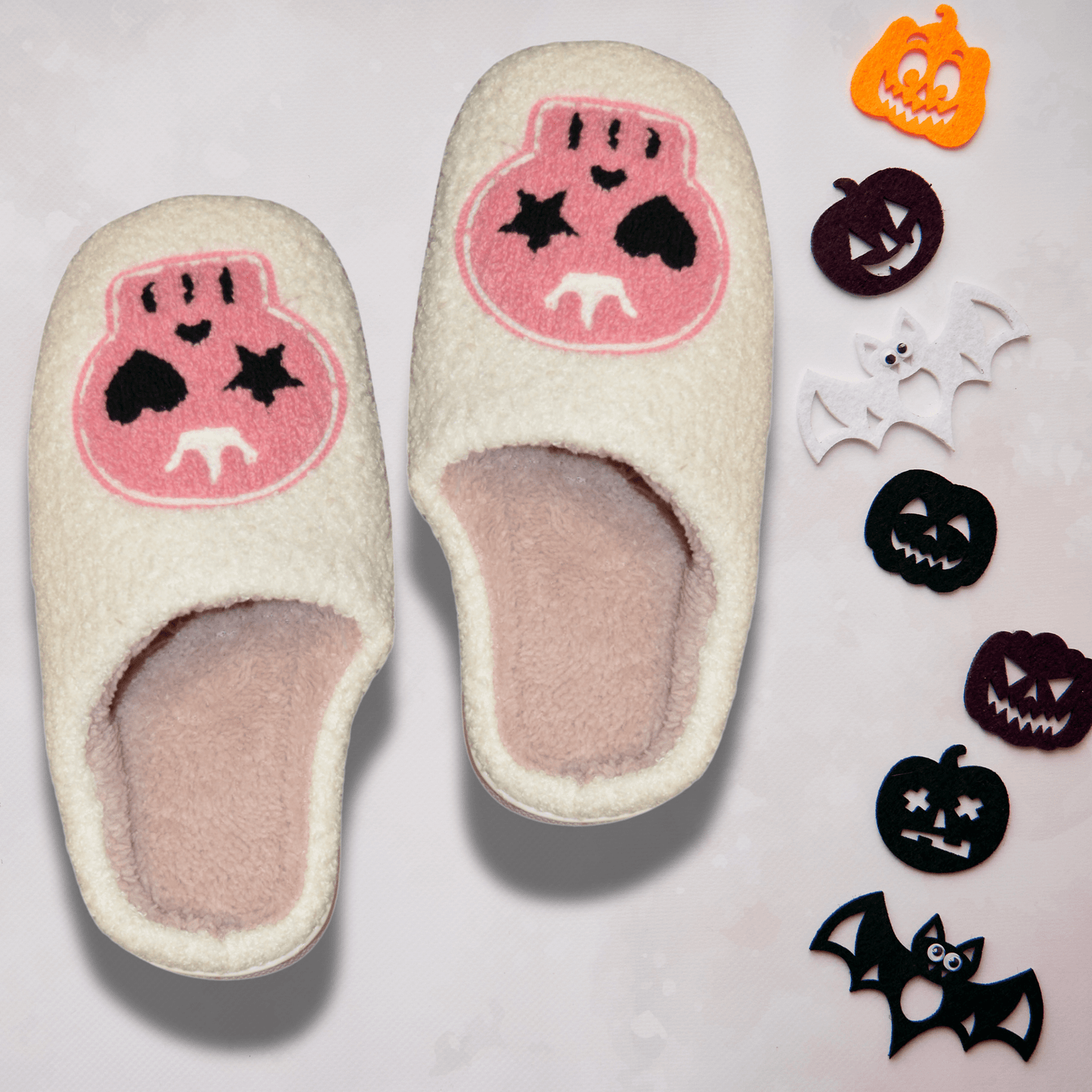 Auliné Collection White Heart-Star Eyed Spooky Skull Slippers / S Women's Cute Smiley Happy Face Plush Slippers, Soft Fluffy Comfortable Home Slippers, Warm Cozy Comfort for Indoor & Outdoor Use Gifts