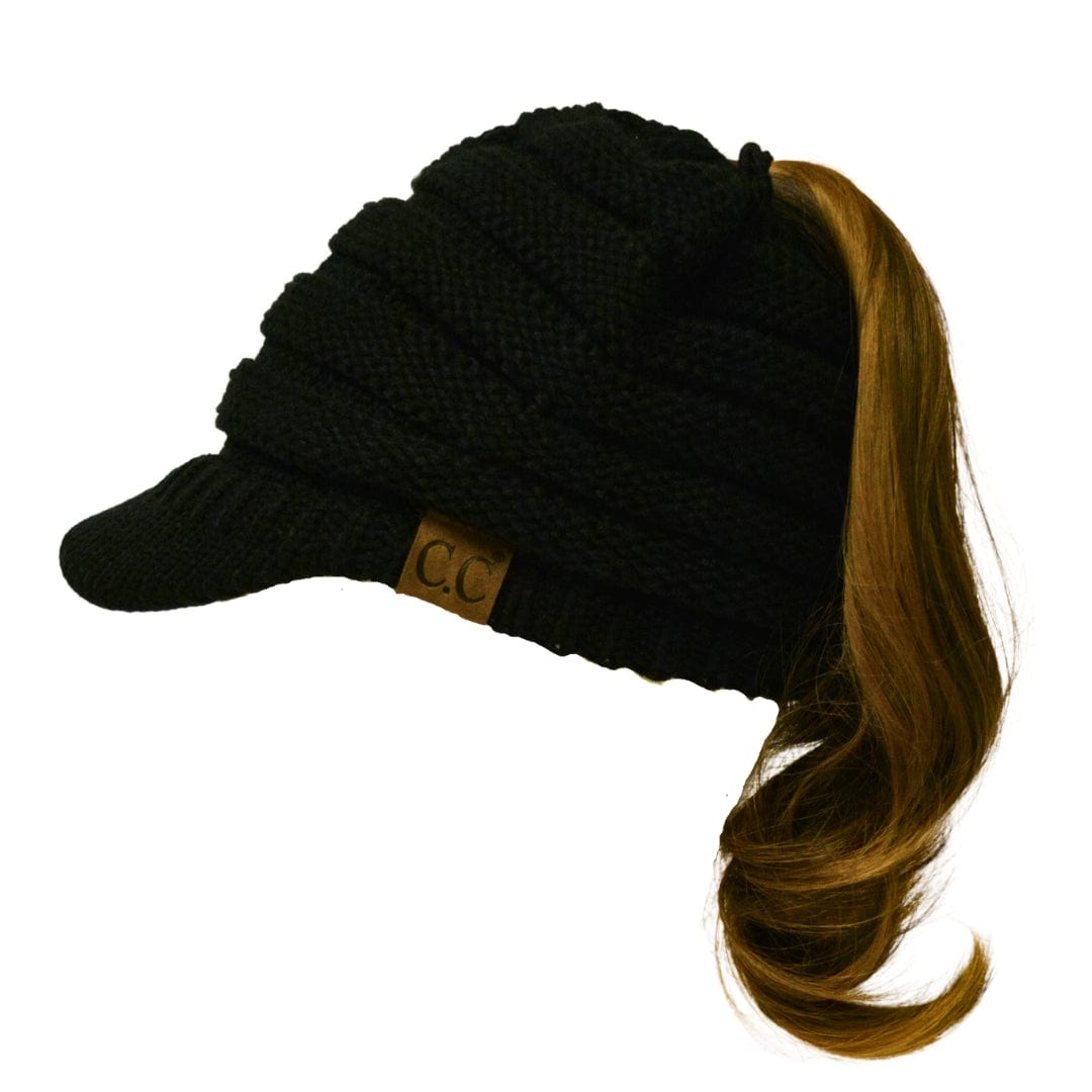 C.C Apparel Black C.C MB131 - BeanieTail Warm Knit Messy High Bun Ponytail Visor Beanie Cap