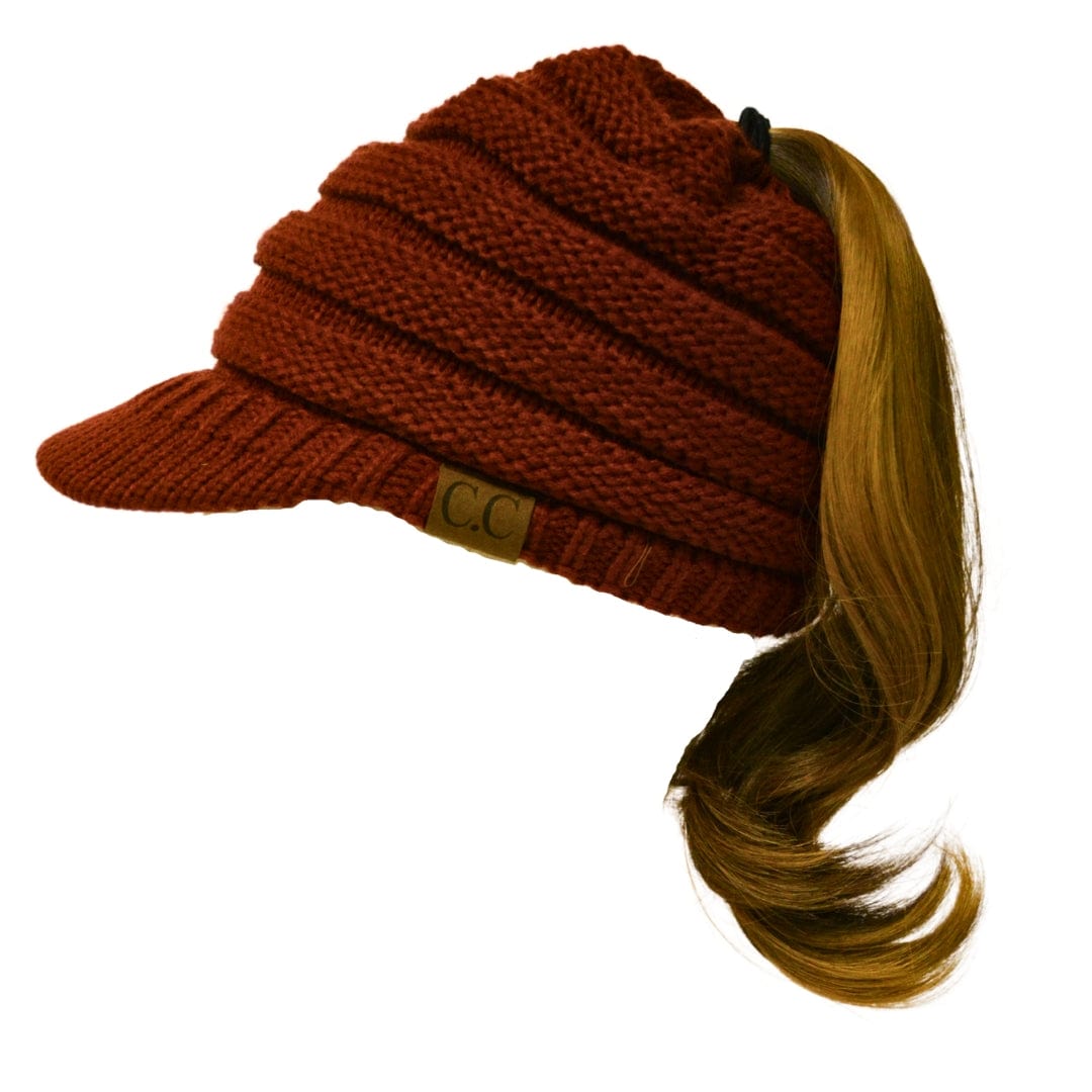 C.C Apparel Burgundy C.C MB131 - BeanieTail Warm Knit Messy High Bun Ponytail Visor Beanie Cap