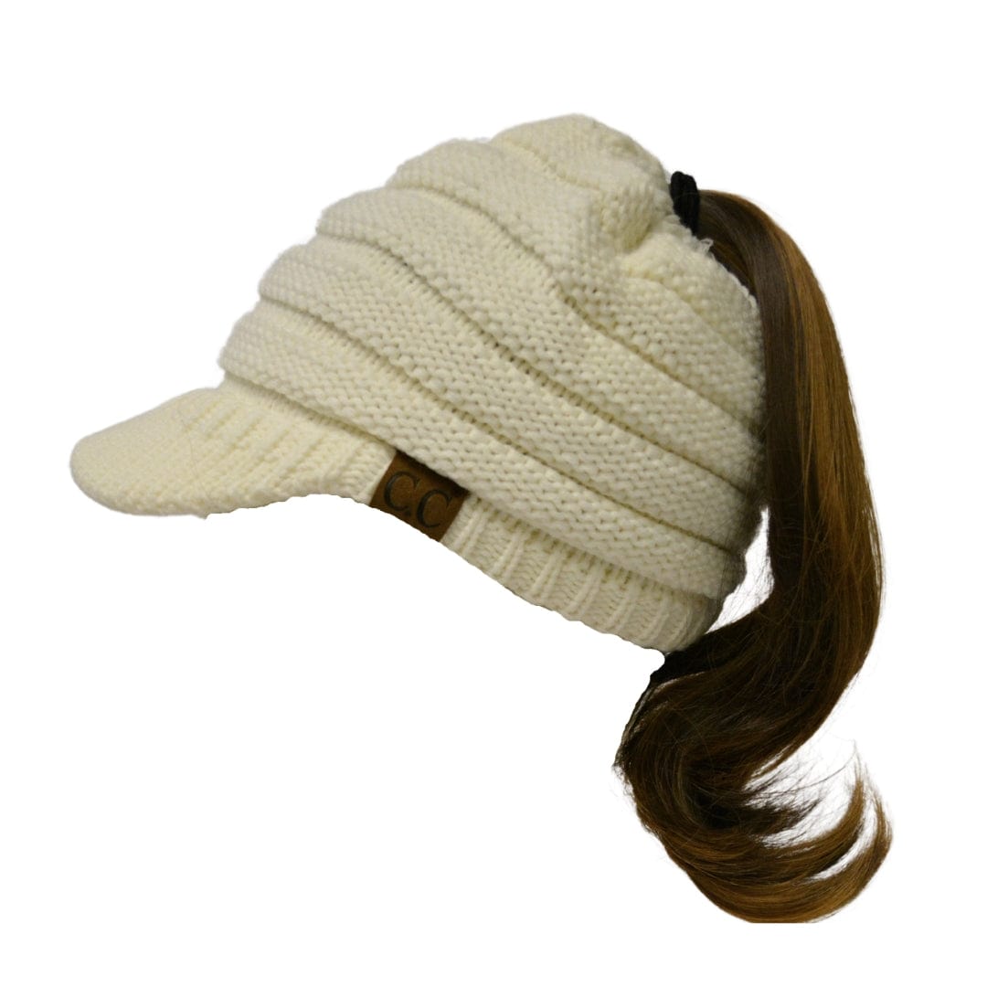 C.C Apparel Ivory C.C MB131 - BeanieTail Warm Knit Messy High Bun Ponytail Visor Beanie Cap