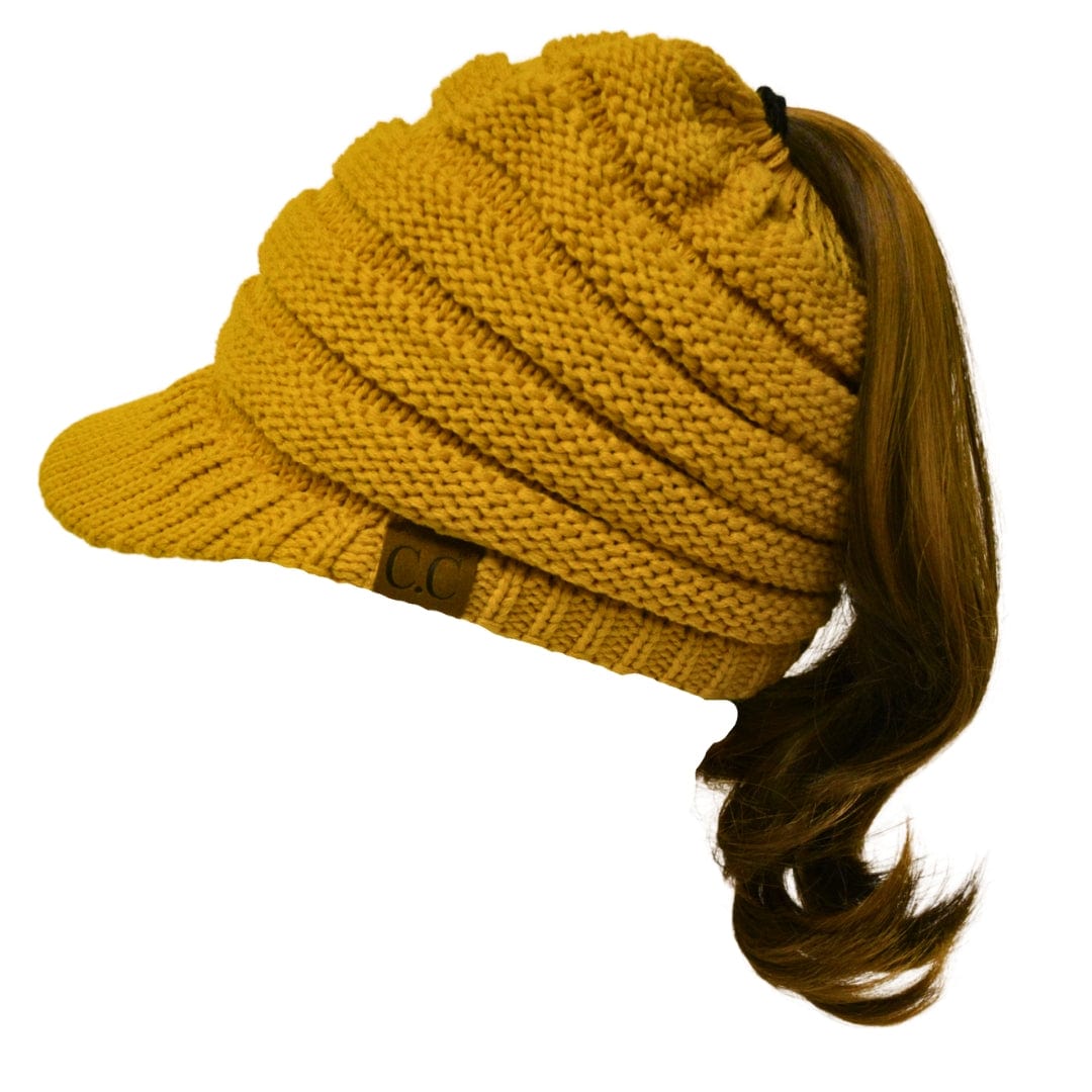 C.C Apparel Mustard C.C MB131 - BeanieTail Warm Knit Messy High Bun Ponytail Visor Beanie Cap