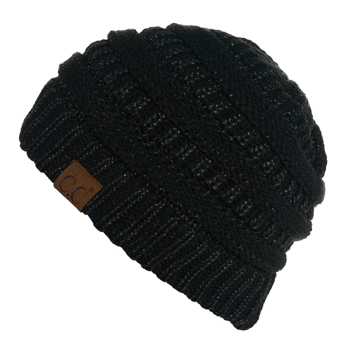 C.C Apparel C.C MB20AM - Soft Stretch Cable Knit Warm Hat High Bun Ponytail Metallic Beanie