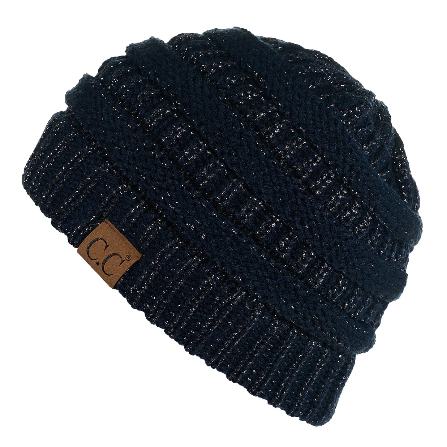 C.C Apparel C.C MB20AM - Soft Stretch Cable Knit Warm Hat High Bun Ponytail Metallic Beanie