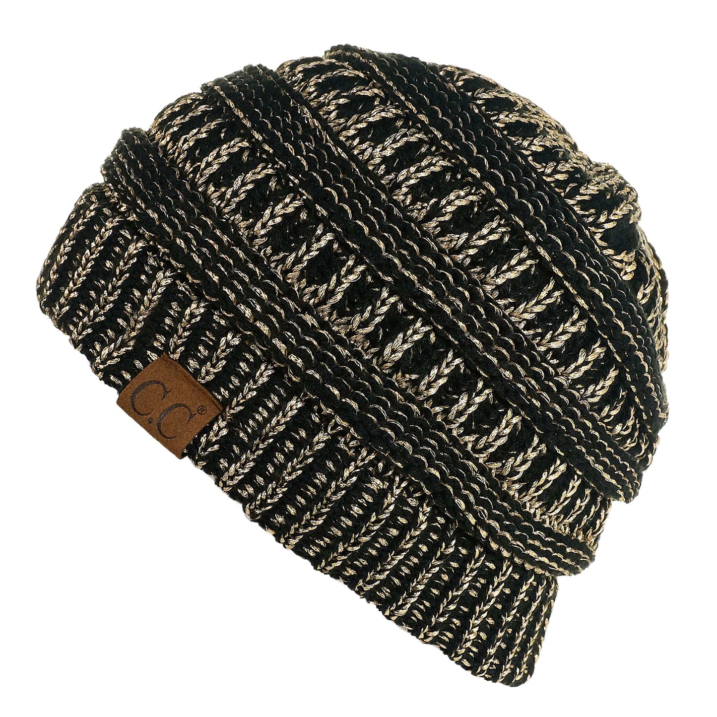 C.C Apparel C.C MB20AM - Soft Stretch Cable Knit Warm Hat High Bun Ponytail Metallic Beanie