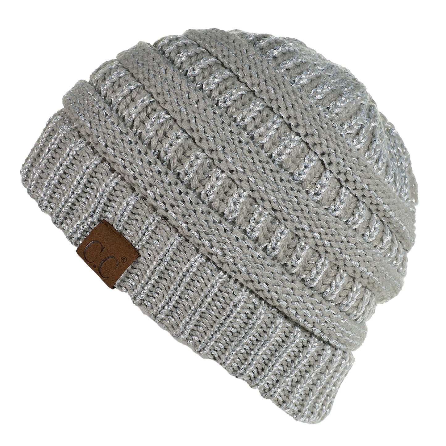 C.C Apparel C.C MB20AM - Soft Stretch Cable Knit Warm Hat High Bun Ponytail Metallic Beanie