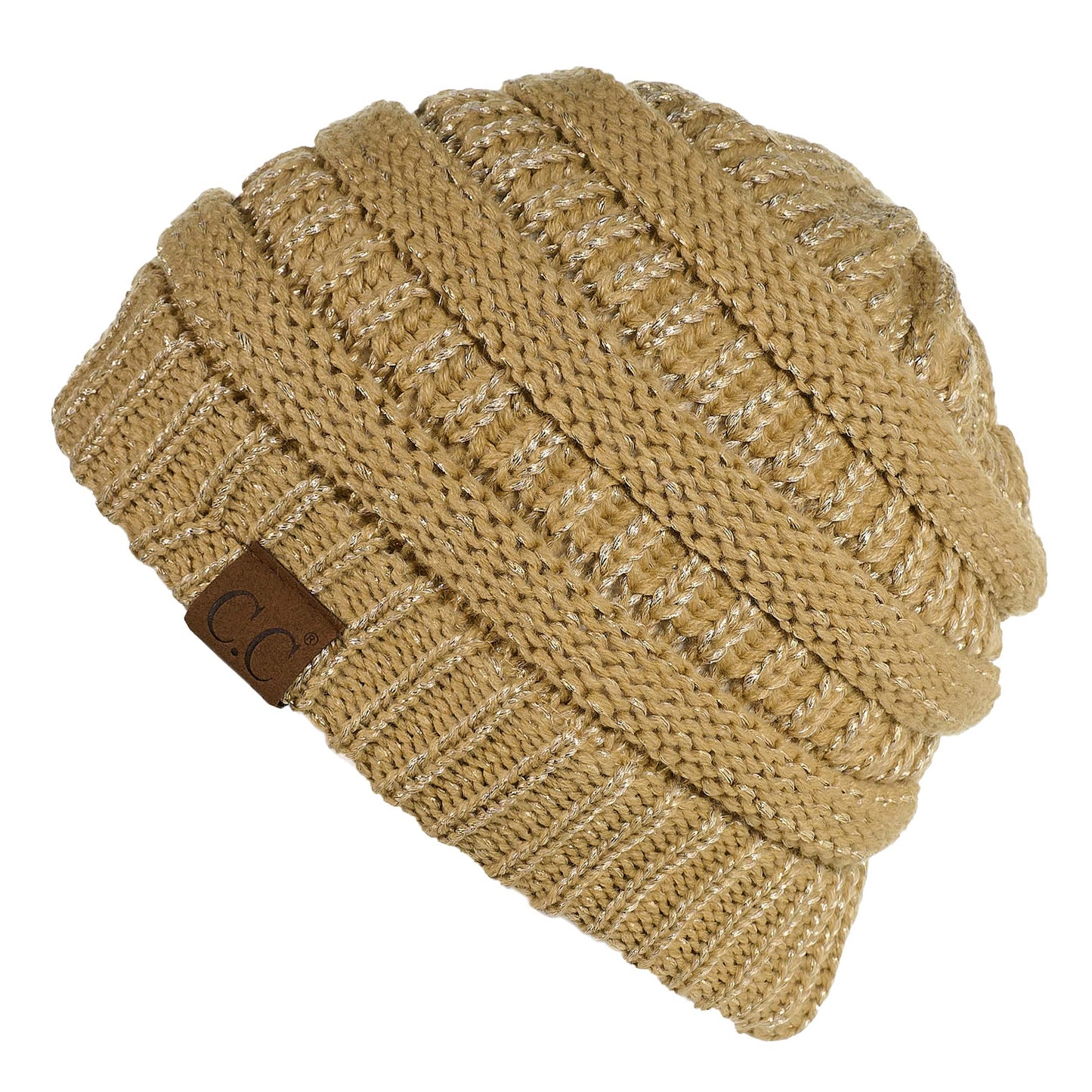 C.C Apparel C.C MB20AM - Soft Stretch Cable Knit Warm Hat High Bun Ponytail Metallic Beanie
