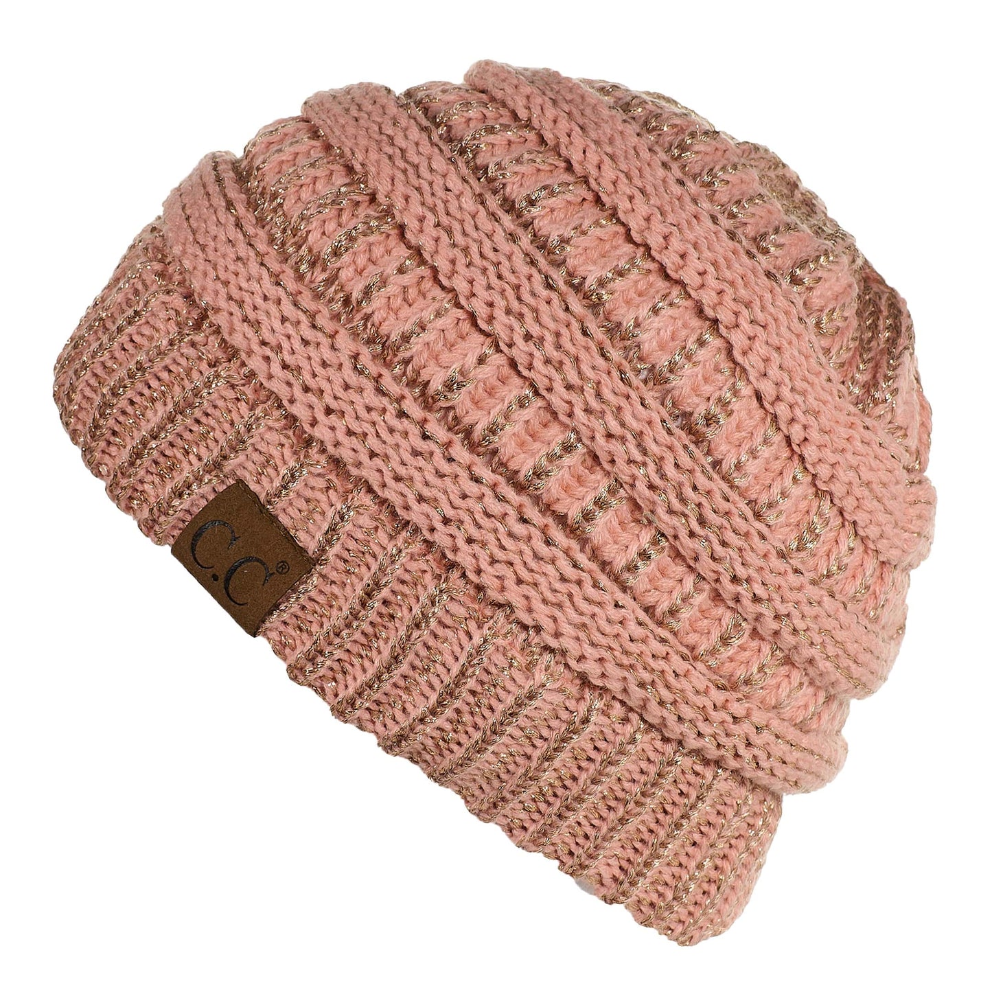 C.C Apparel C.C MB20AM - Soft Stretch Cable Knit Warm Hat High Bun Ponytail Metallic Beanie