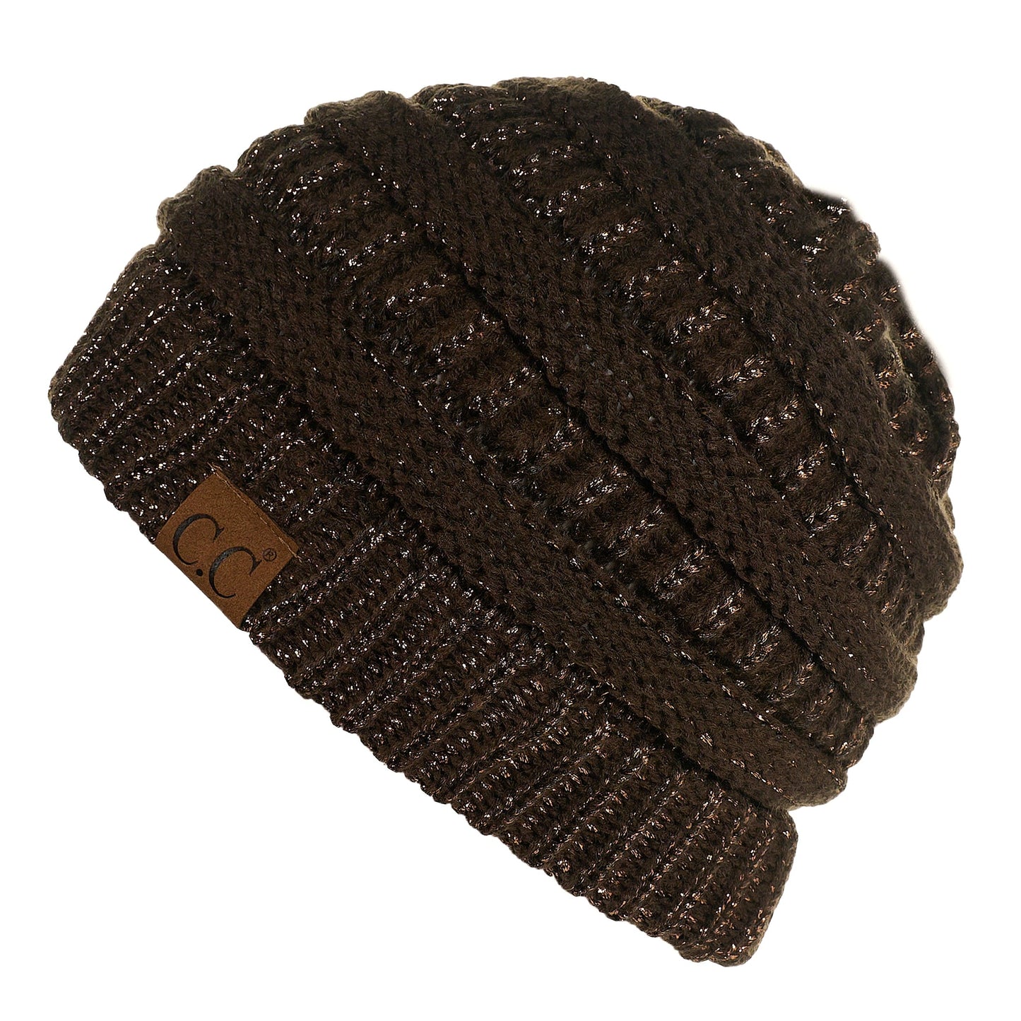 C.C Apparel Brown C.C MB20AM - Soft Stretch Cable Knit Warm Hat High Bun Ponytail Metallic Beanie