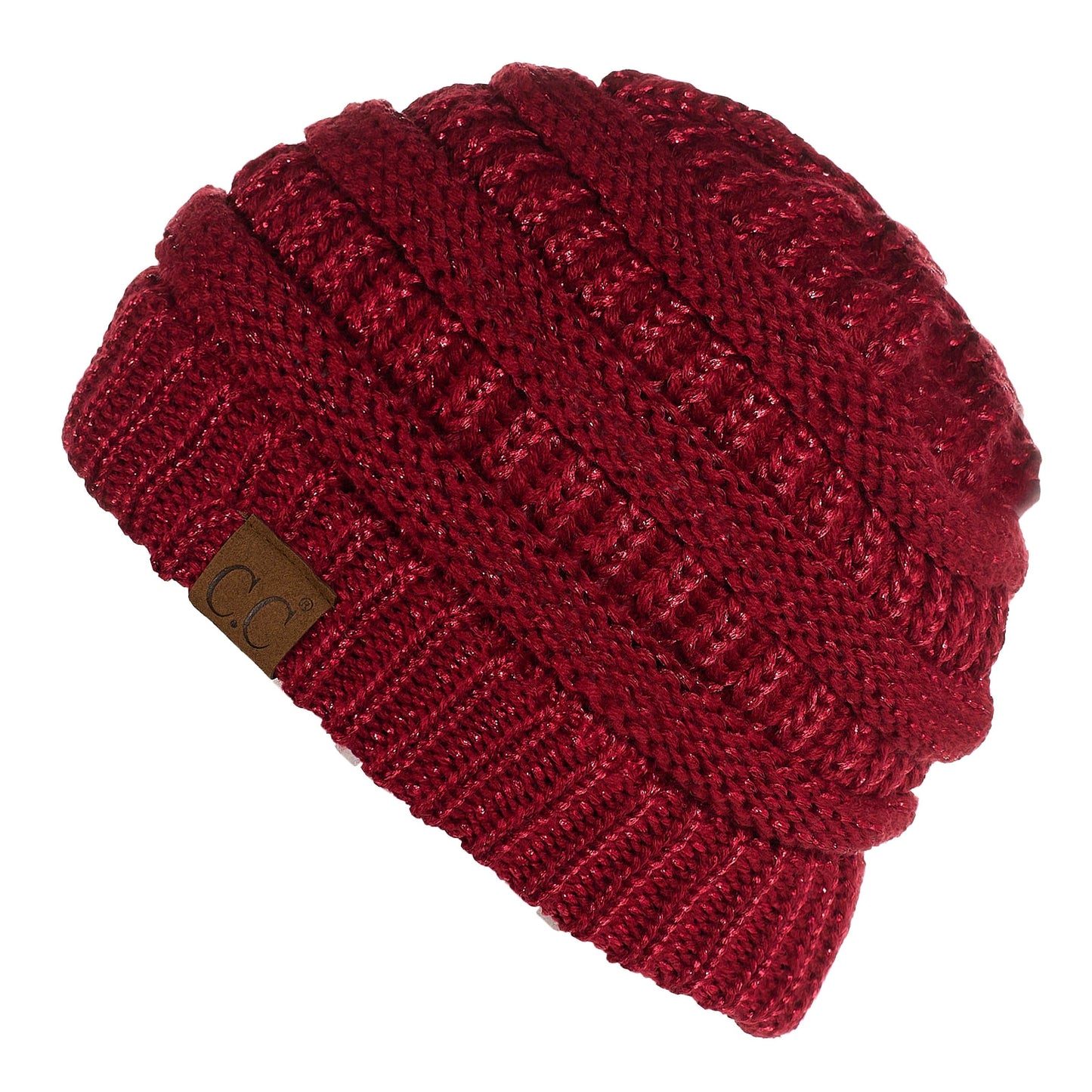 C.C Apparel Burgundy C.C MB20AM - Soft Stretch Cable Knit Warm Hat High Bun Ponytail Metallic Beanie