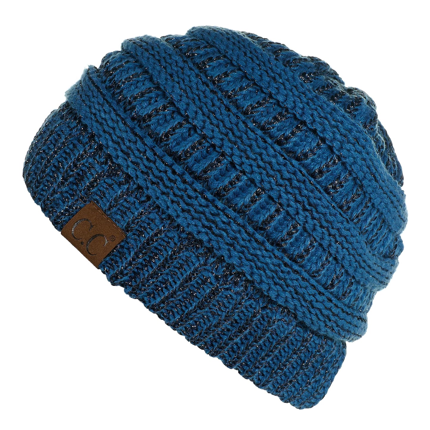 C.C Apparel Dark Denim C.C MB20AM - Soft Stretch Cable Knit Warm Hat High Bun Ponytail Metallic Beanie