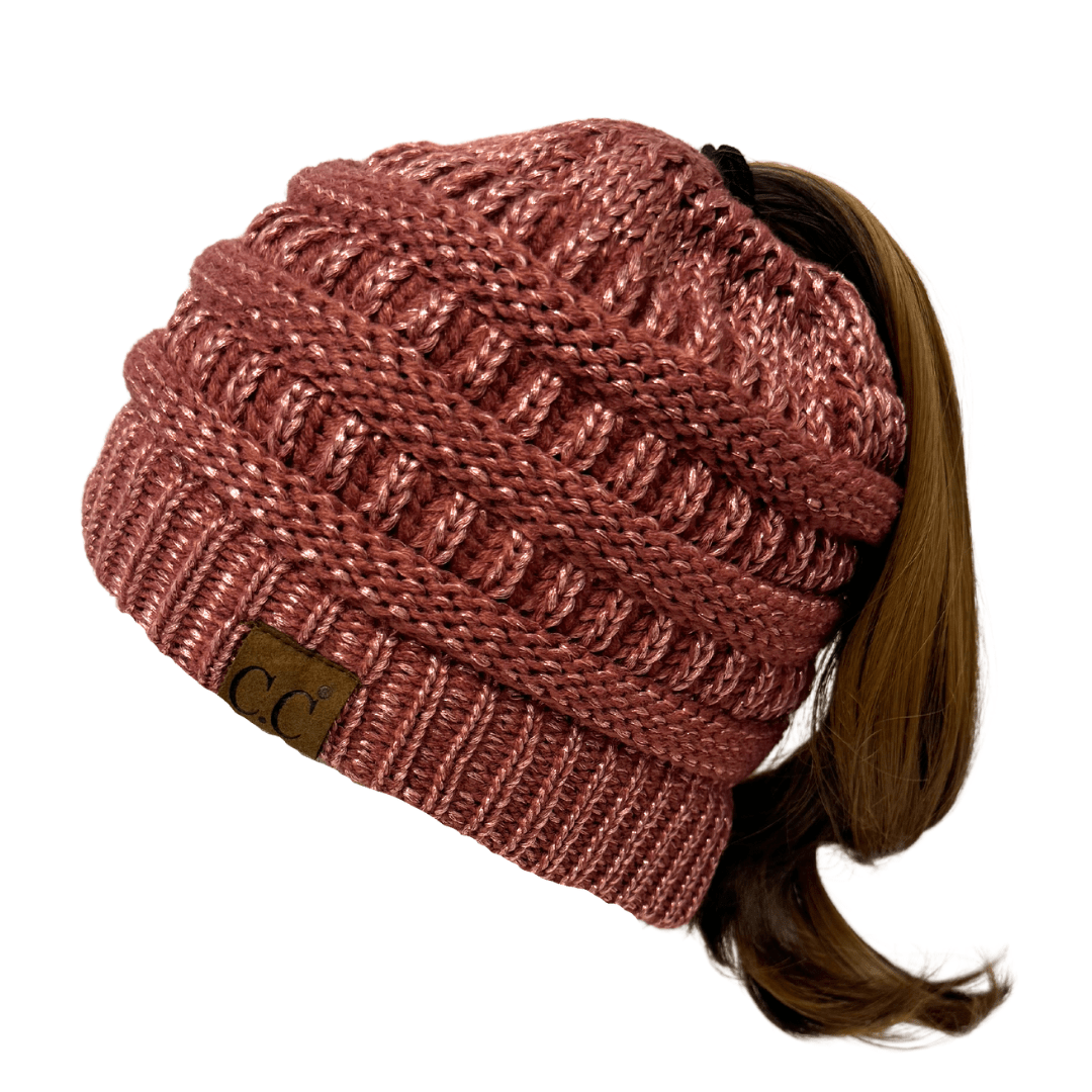 C.C Apparel Dark Rose C.C MB20AM - Soft Stretch Cable Knit Warm Hat High Bun Ponytail Metallic Beanie