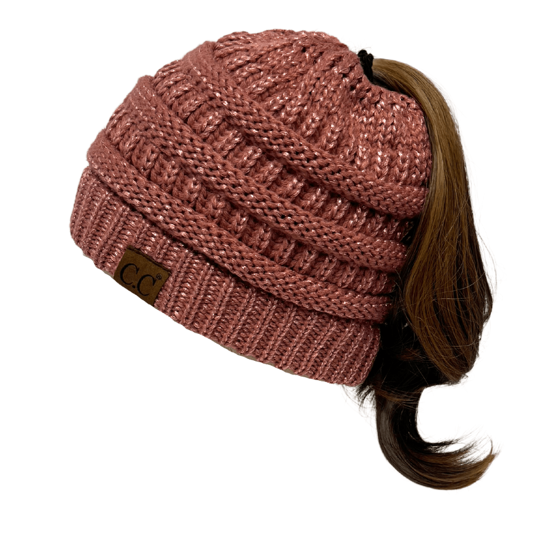 C.C Apparel Dusty Rose C.C MB20AM - Soft Stretch Cable Knit Warm Hat High Bun Ponytail Metallic Beanie