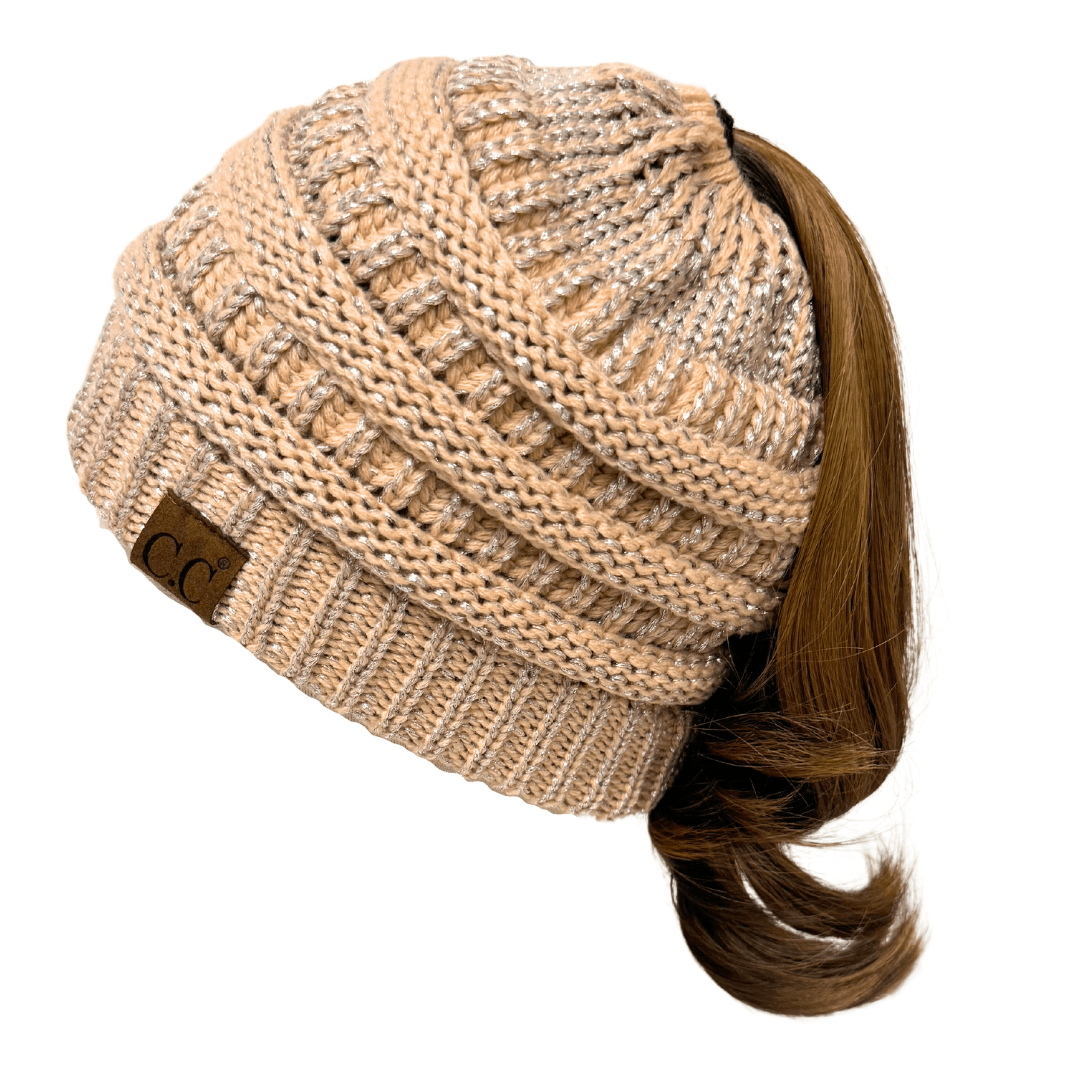 C.C Apparel Indi Pink/Silver C.C MB20AM - Soft Stretch Cable Knit Warm Hat High Bun Ponytail Metallic Beanie