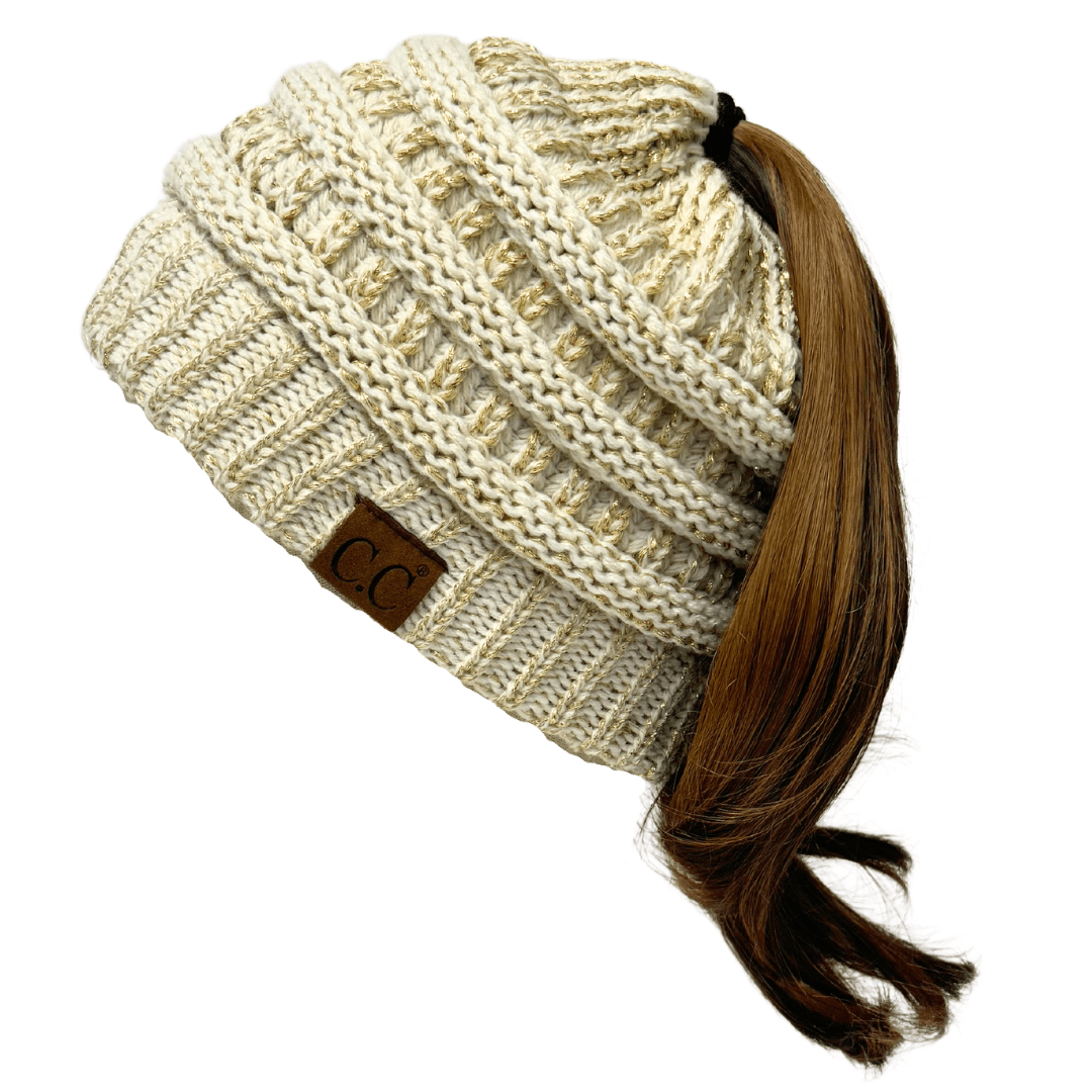 C.C Apparel Ivory/Gold C.C MB20AM - Soft Stretch Cable Knit Warm Hat High Bun Ponytail Metallic Beanie