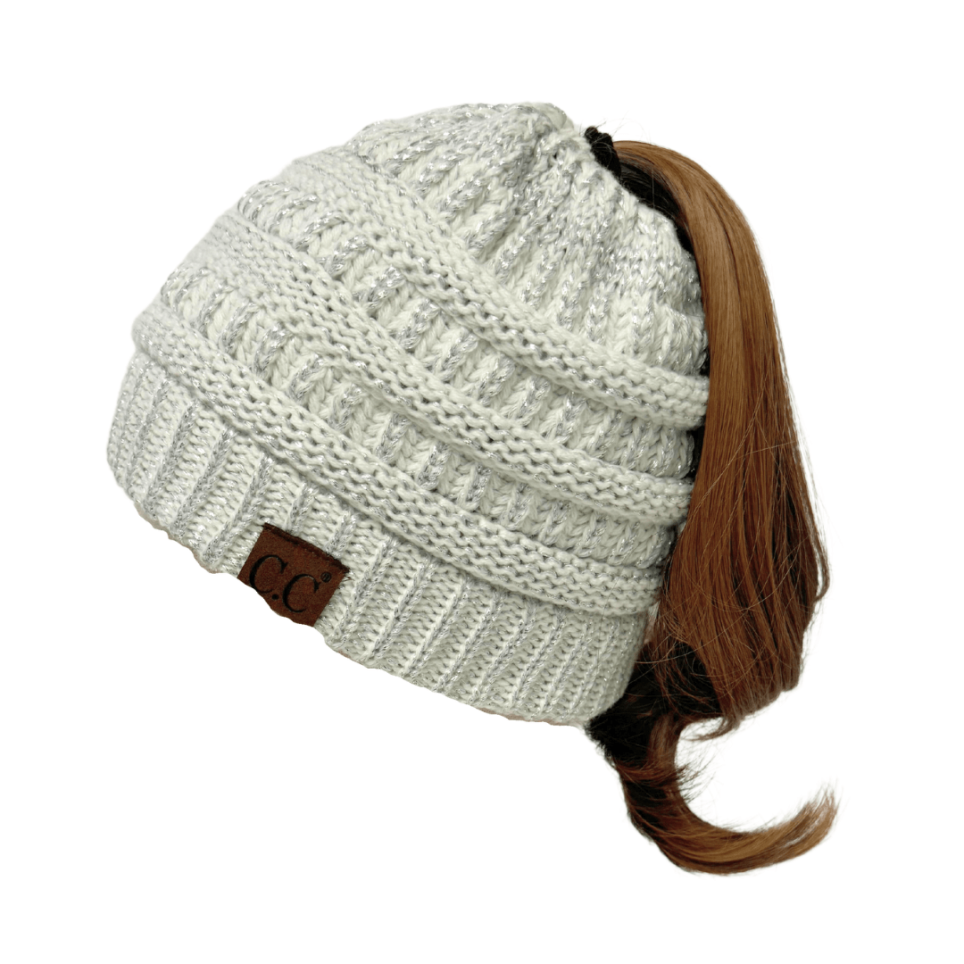 C.C Apparel Ivory/Silver C.C MB20AM - Soft Stretch Cable Knit Warm Hat High Bun Ponytail Metallic Beanie