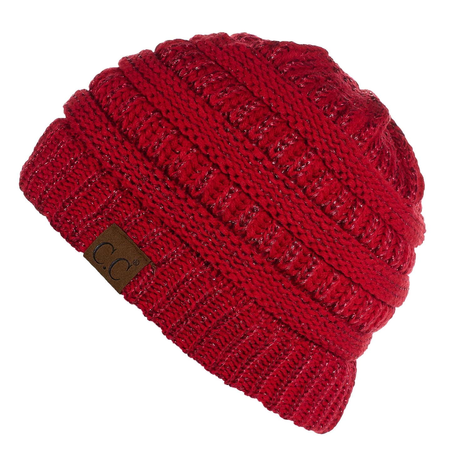 C.C Apparel Red C.C MB20AM - Soft Stretch Cable Knit Warm Hat High Bun Ponytail Metallic Beanie