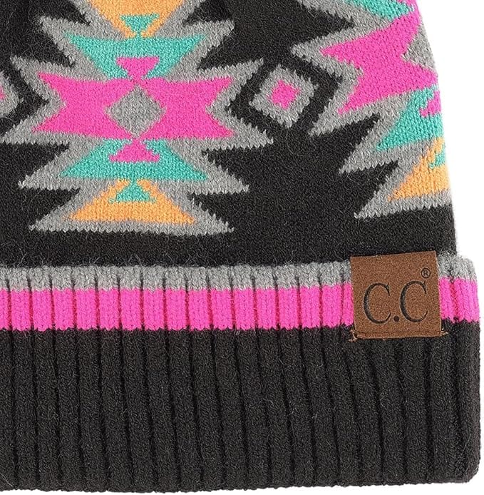 C.C Apparel C.C Southwest Aztec Pattern Pom Beanie for Women & Men – Soft Stretchable Knit Winter Hat with Faux Fur Pom - HTE 0030