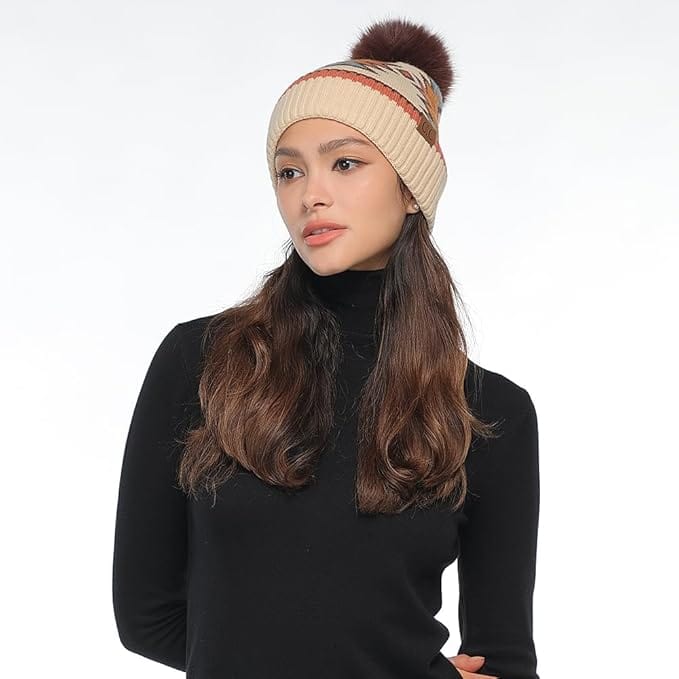 C.C Apparel C.C Southwest Aztec Pattern Pom Beanie for Women & Men – Soft Stretchable Knit Winter Hat with Faux Fur Pom - HTE 0030