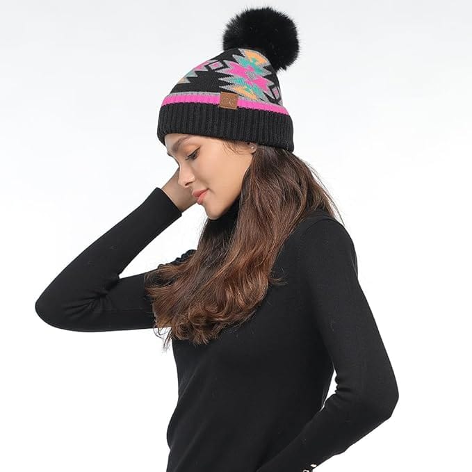 C.C Apparel C.C Southwest Aztec Pattern Pom Beanie for Women & Men – Soft Stretchable Knit Winter Hat with Faux Fur Pom - HTE 0030