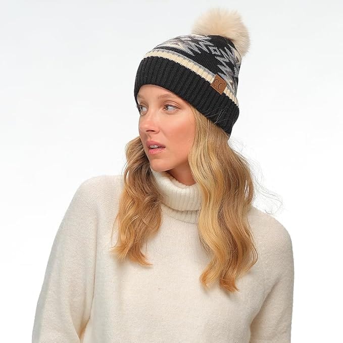 C.C Apparel C.C Southwest Aztec Pattern Pom Beanie for Women & Men – Soft Stretchable Knit Winter Hat with Faux Fur Pom - HTE 0030