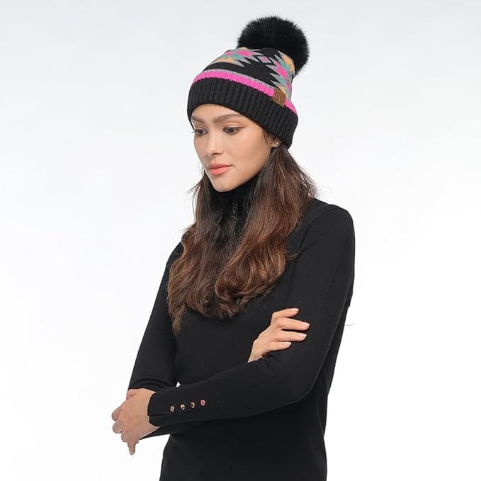 C.C Apparel C.C Southwest Aztec Pattern Pom Beanie for Women & Men – Soft Stretchable Knit Winter Hat with Faux Fur Pom - HTE 0030