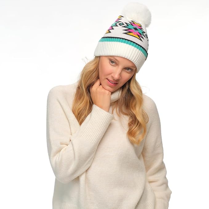 C.C Apparel C.C Southwest Aztec Pattern Pom Beanie for Women & Men – Soft Stretchable Knit Winter Hat with Faux Fur Pom - HTE 0030