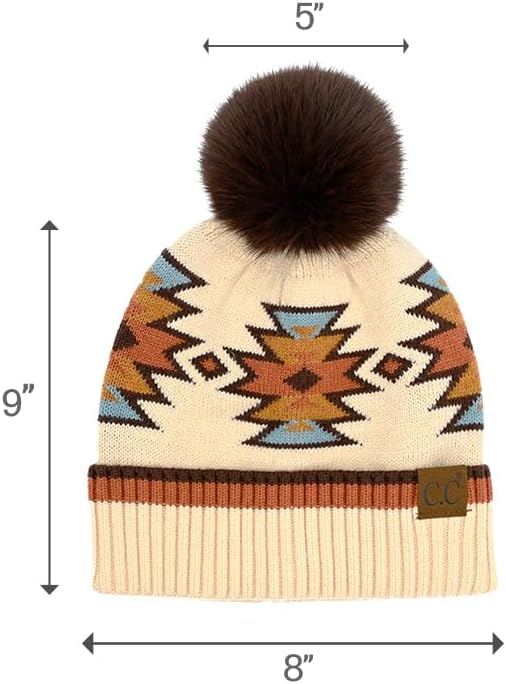 C.C Apparel C.C Southwest Aztec Pattern Pom Beanie for Women & Men – Soft Stretchable Knit Winter Hat with Faux Fur Pom - HTE 0030