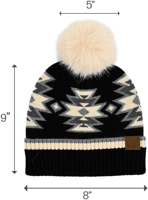 C.C Apparel Black C.C Southwest Aztec Pattern Pom Beanie for Women & Men – Soft Stretchable Knit Winter Hat with Faux Fur Pom - HTE 0030
