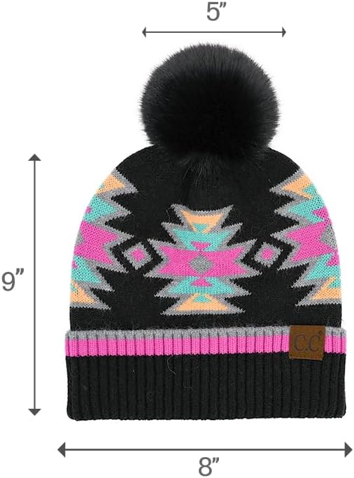 C.C Apparel Black Multi C.C Southwest Aztec Pattern Pom Beanie for Women & Men – Soft Stretchable Knit Winter Hat with Faux Fur Pom - HTE 0030