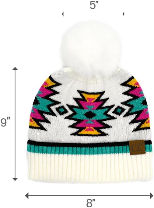 C.C Apparel Ivory C.C Southwest Aztec Pattern Pom Beanie for Women & Men – Soft Stretchable Knit Winter Hat with Faux Fur Pom - HTE 0030