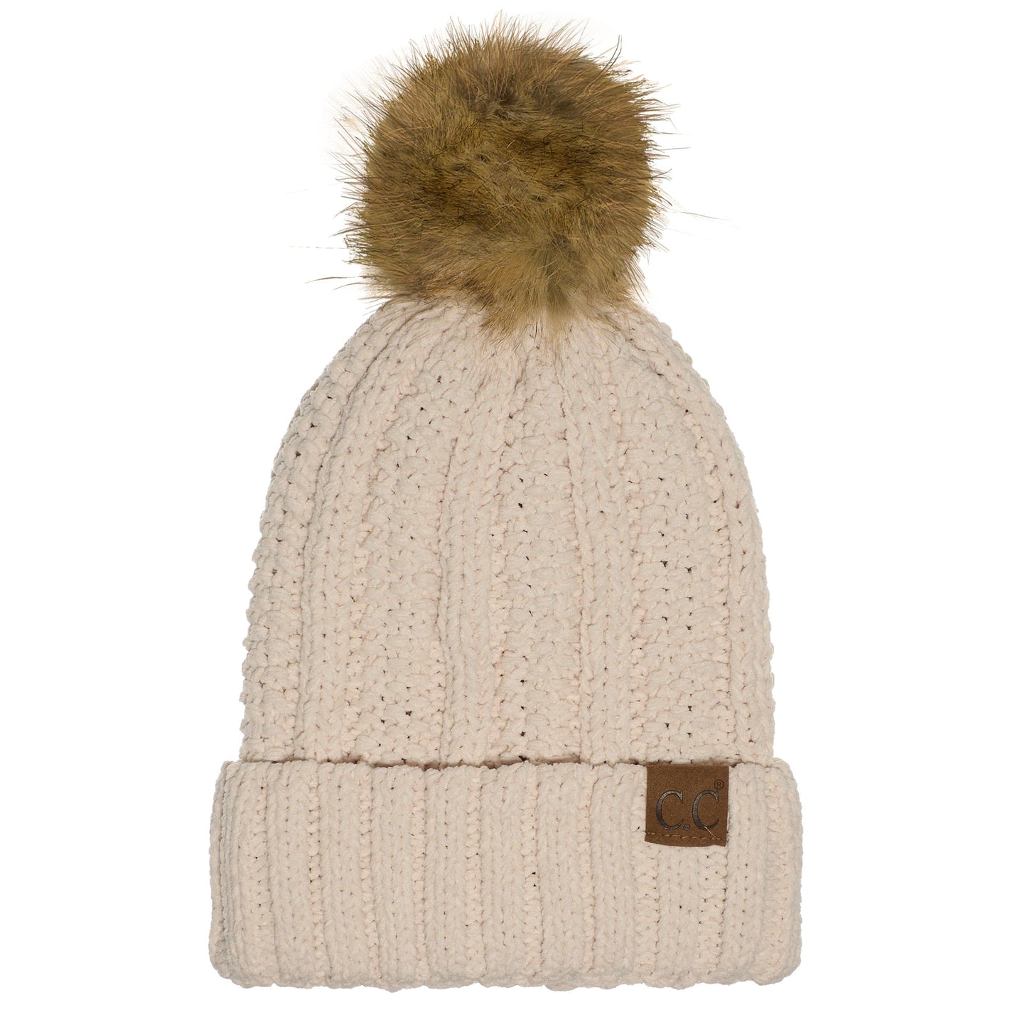 C.C Apparel Beige C.C Thick Cable Knit Faux Fur Pom Beanie - CC Winter Warm Hat CH820
