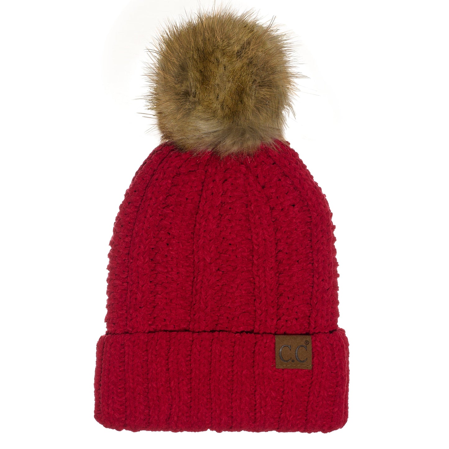 C.C Apparel Red C.C Thick Cable Knit Faux Fur Pom Beanie - CC Winter Warm Hat CH820