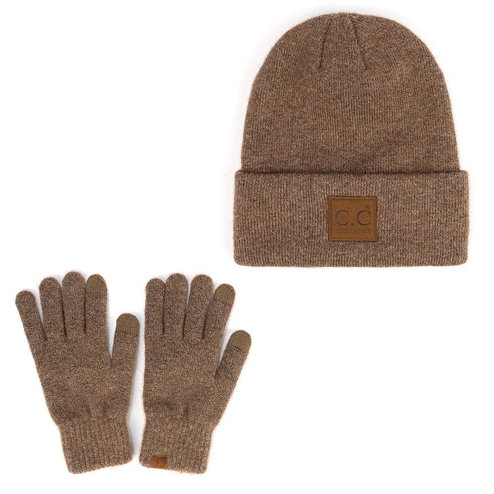 C.C Apparel Heather Cacao C.C Unisex Eco Classic Cuff Skull Cap Winter Knit Beanie & Touchscreen Glove Set