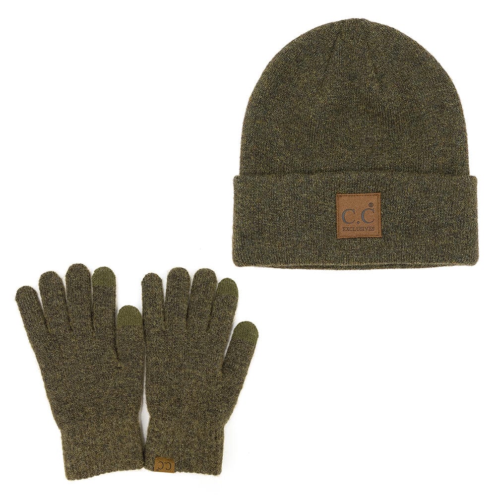 C.C Apparel Heather Moss C.C Unisex Eco Classic Cuff Skull Cap Winter Knit Beanie & Touchscreen Glove Set