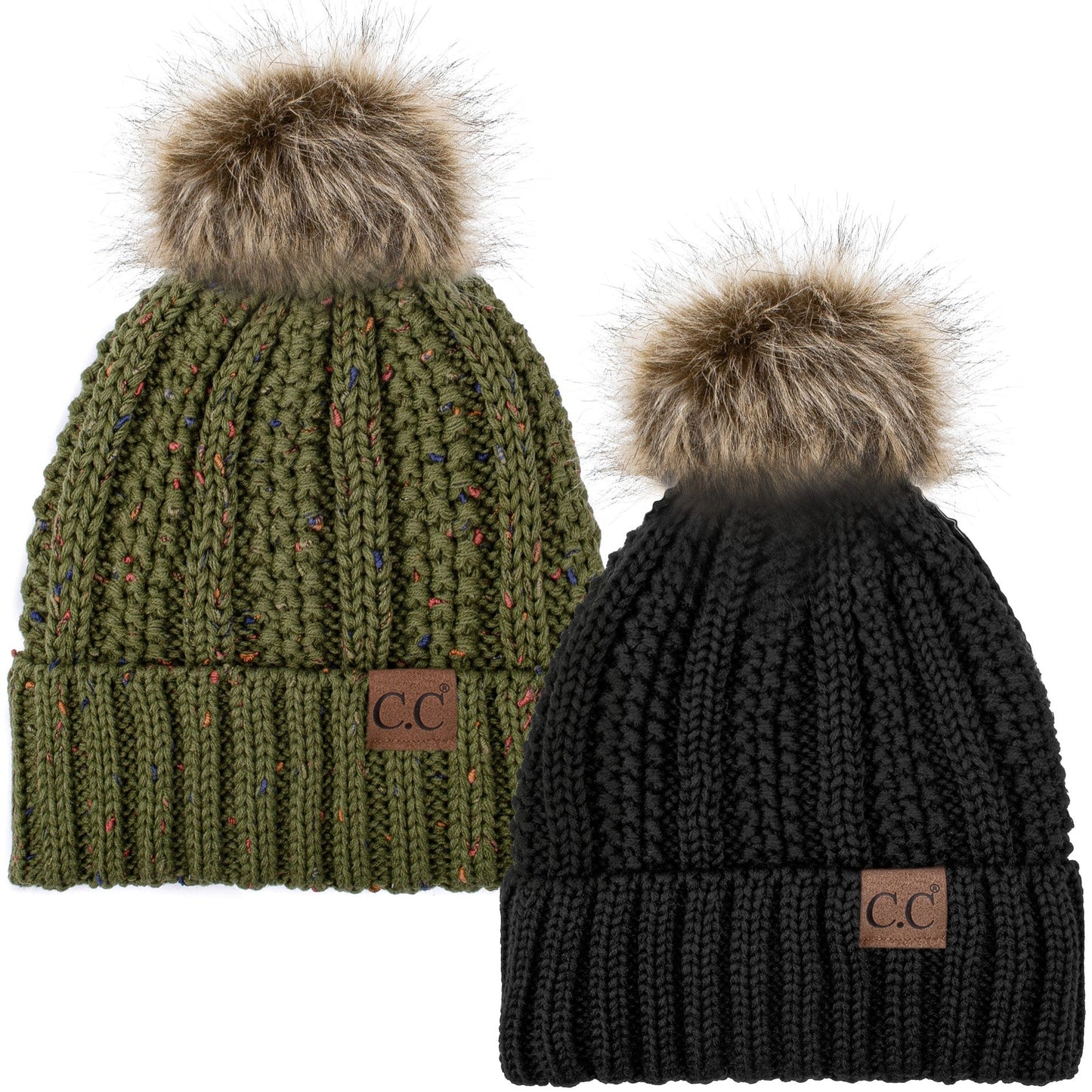 C.C Apparel C.C Winter Warm Hat Pack of 2 with Faux Fur Pom Pom, Thick Cable Knit Beanie and Fleece Lined Cuff, Black and Color of Your Choice (YJ 820)