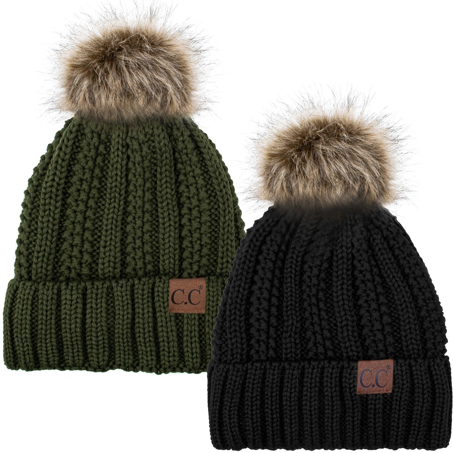 C.C Apparel C.C Winter Warm Hat Pack of 2 with Faux Fur Pom Pom, Thick Cable Knit Beanie and Fleece Lined Cuff, Black and Color of Your Choice (YJ 820)