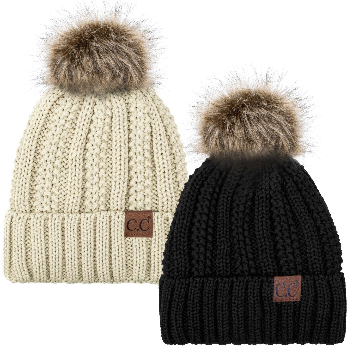 C.C Apparel Black and Beige C.C Winter Warm Hat Pack of 2 with Faux Fur Pom Pom, Thick Cable Knit Beanie and Fleece Lined Cuff, Black and Color of Your Choice (YJ 820)