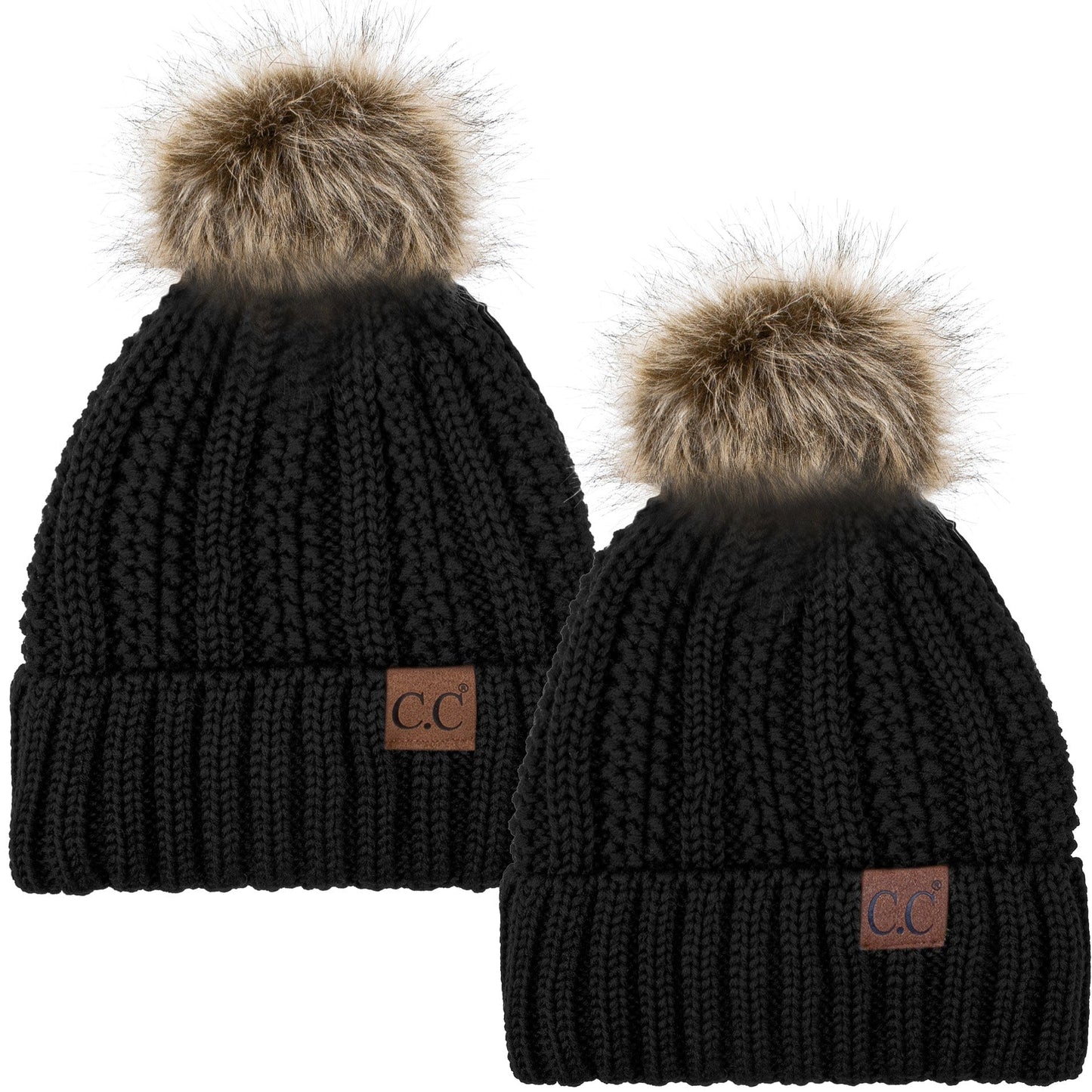 C.C Apparel Black and Black C.C Winter Warm Hat Pack of 2 with Faux Fur Pom Pom, Thick Cable Knit Beanie and Fleece Lined Cuff, Black and Color of Your Choice (YJ 820)