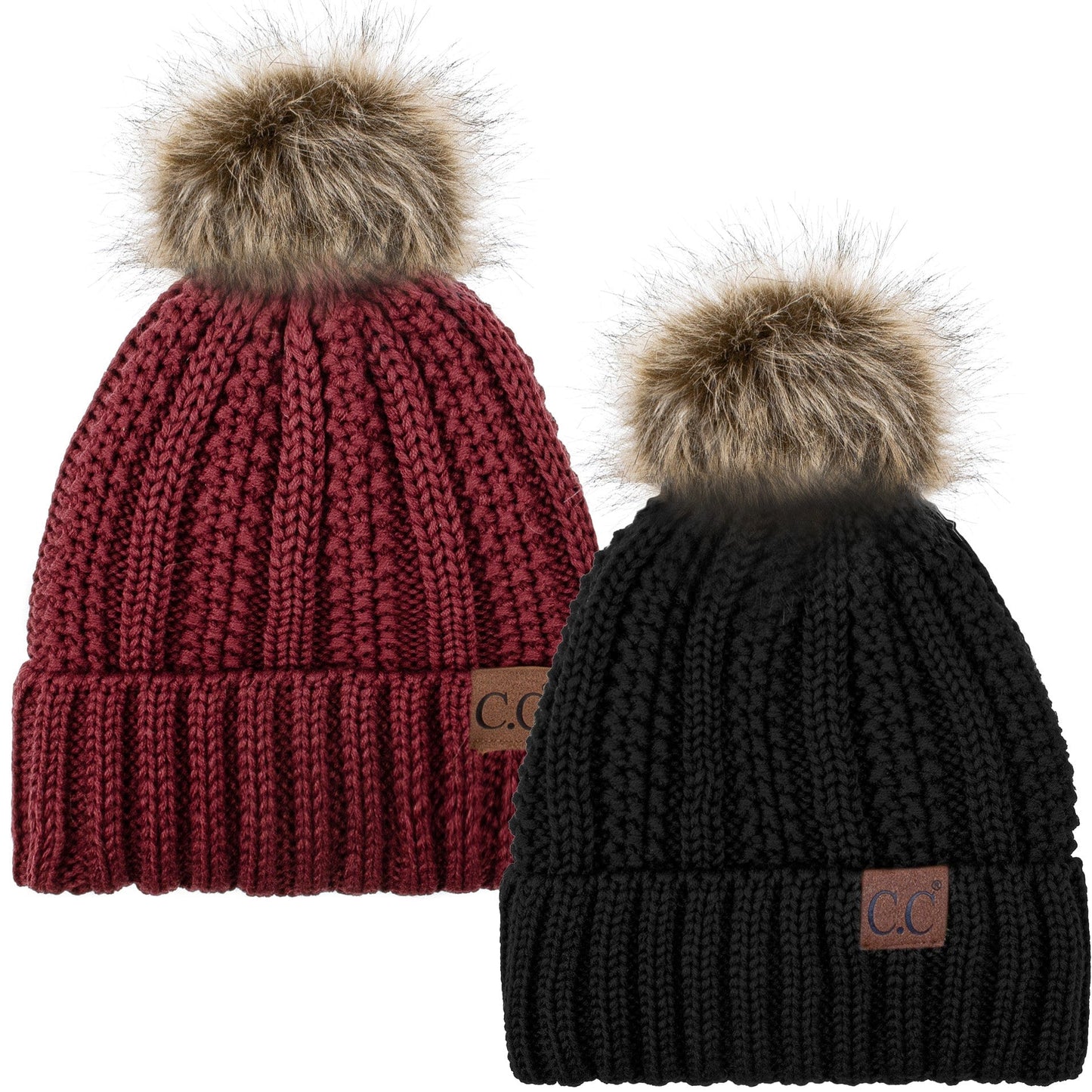 C.C Apparel Black and Burgundy C.C Winter Warm Hat Pack of 2 with Faux Fur Pom Pom, Thick Cable Knit Beanie and Fleece Lined Cuff, Black and Color of Your Choice (YJ 820)
