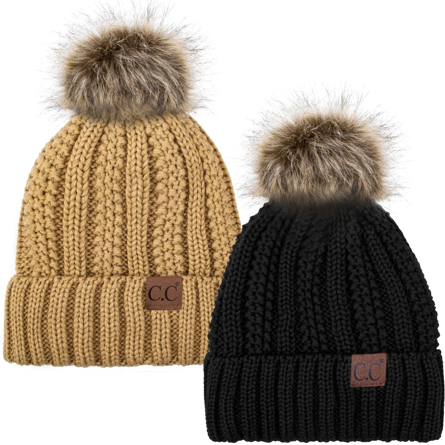 C.C Apparel Black and Camel C.C Winter Warm Hat Pack of 2 with Faux Fur Pom Pom, Thick Cable Knit Beanie and Fleece Lined Cuff, Black and Color of Your Choice (YJ 820)