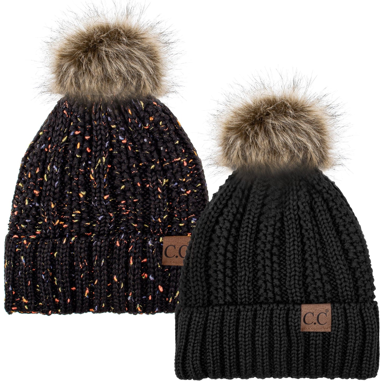 C.C Apparel Black and Confetti Black C.C Winter Warm Hat Pack of 2 with Faux Fur Pom Pom, Thick Cable Knit Beanie and Fleece Lined Cuff, Black and Color of Your Choice (YJ 820)