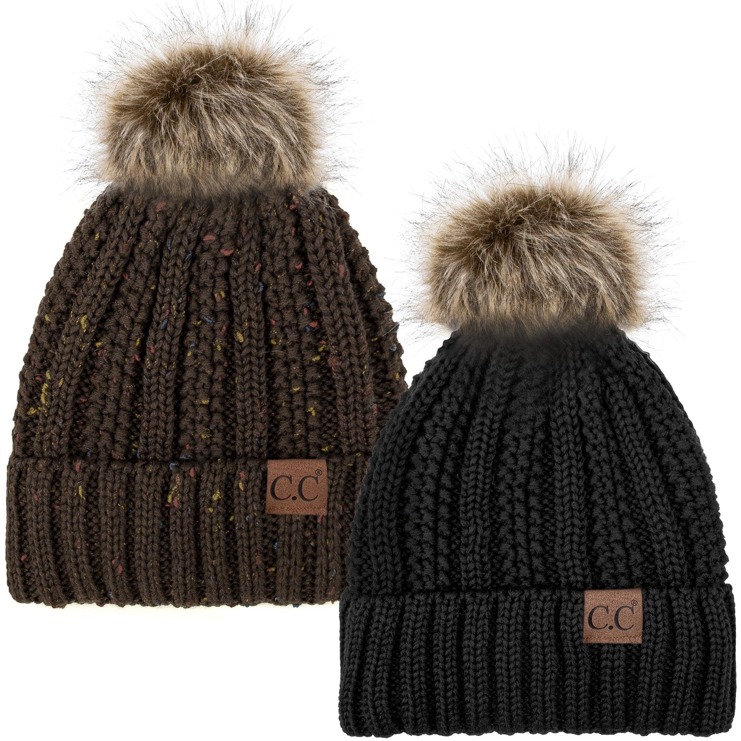 C.C Apparel Black and Confetti Brown C.C Winter Warm Hat Pack of 2 with Faux Fur Pom Pom, Thick Cable Knit Beanie and Fleece Lined Cuff, Black and Color of Your Choice (YJ 820)