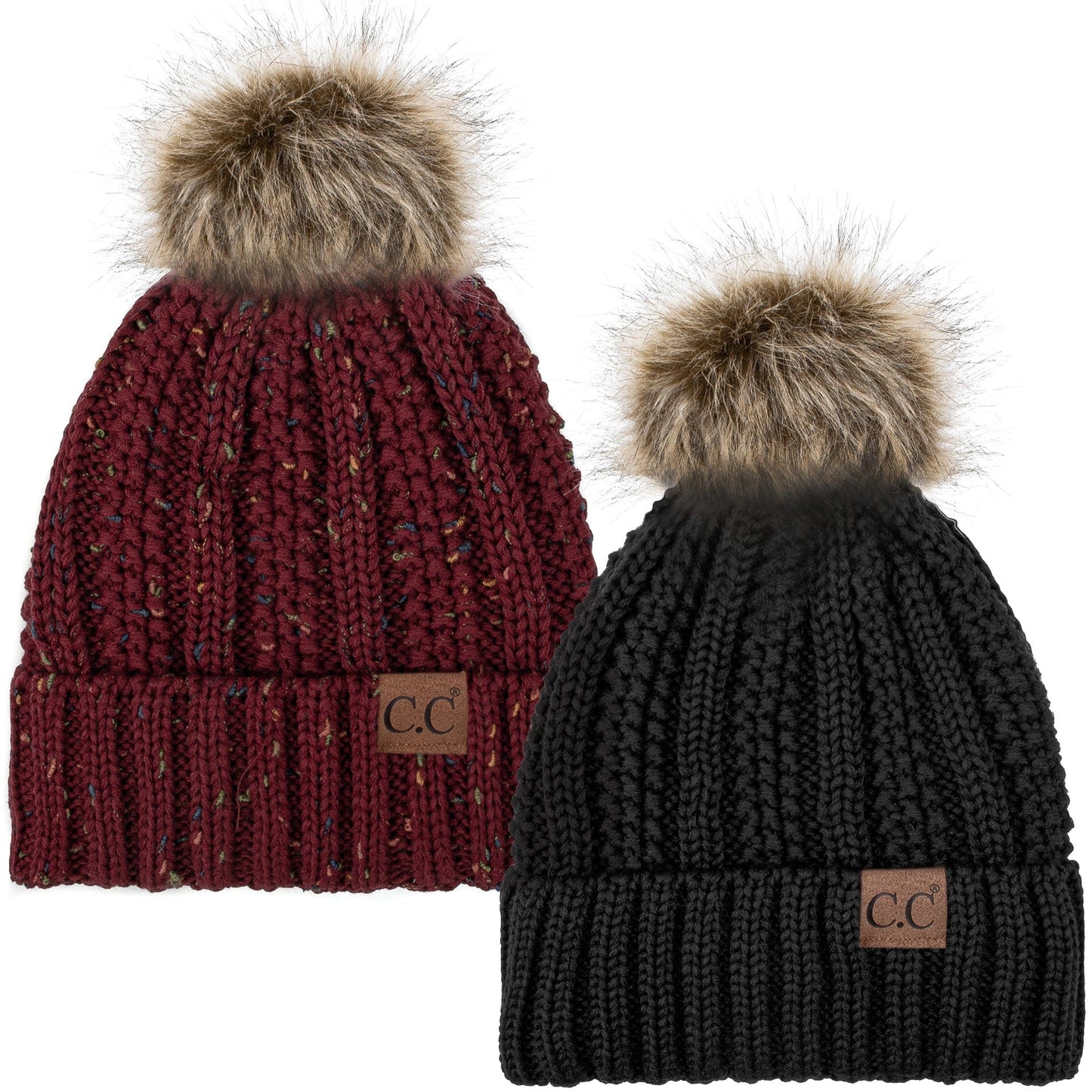 C.C Apparel Black and Confetti Burgundy C.C Winter Warm Hat Pack of 2 with Faux Fur Pom Pom, Thick Cable Knit Beanie and Fleece Lined Cuff, Black and Color of Your Choice (YJ 820)