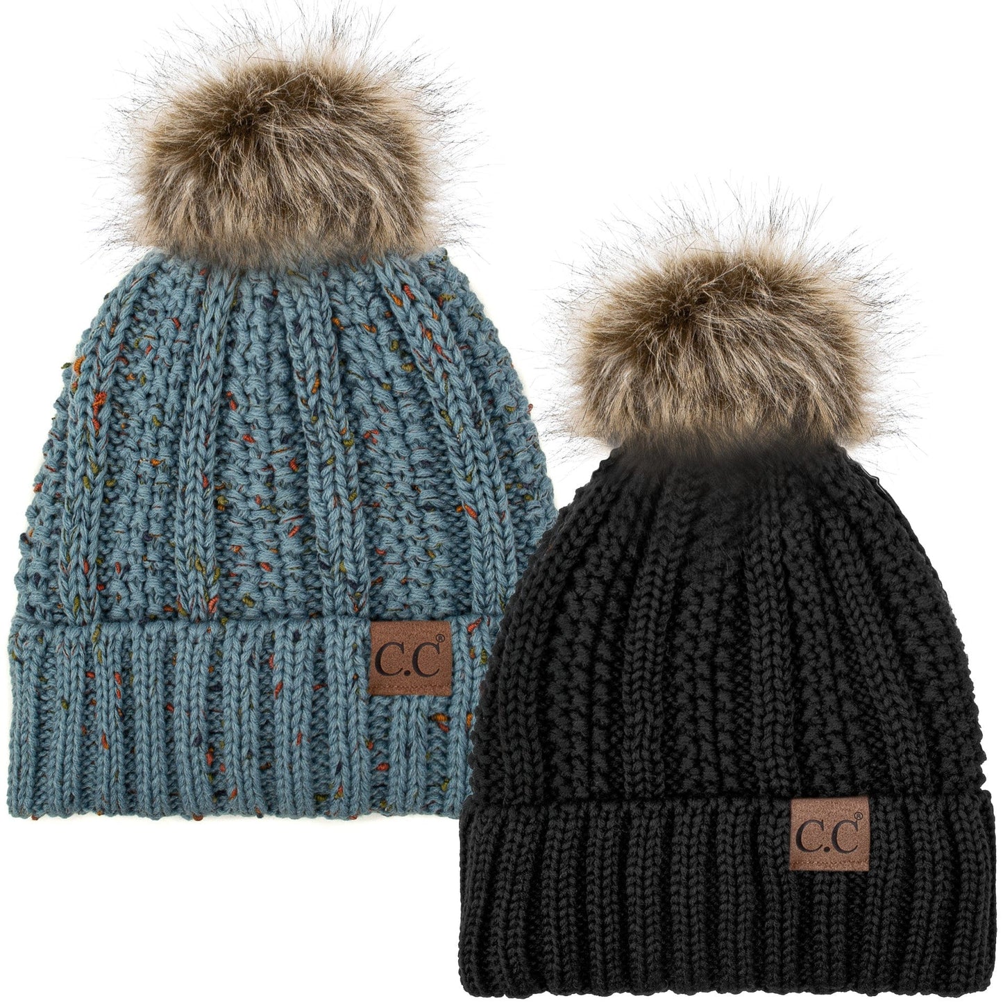 C.C Apparel Black and Confetti Denim C.C Winter Warm Hat Pack of 2 with Faux Fur Pom Pom, Thick Cable Knit Beanie and Fleece Lined Cuff, Black and Color of Your Choice (YJ 820)