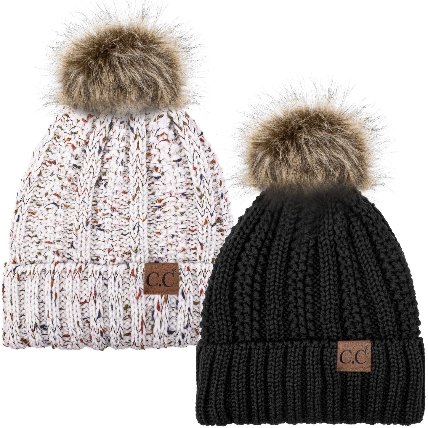 C.C Apparel Black and Confetti Ivory C.C Winter Warm Hat Pack of 2 with Faux Fur Pom Pom, Thick Cable Knit Beanie and Fleece Lined Cuff, Black and Color of Your Choice (YJ 820)