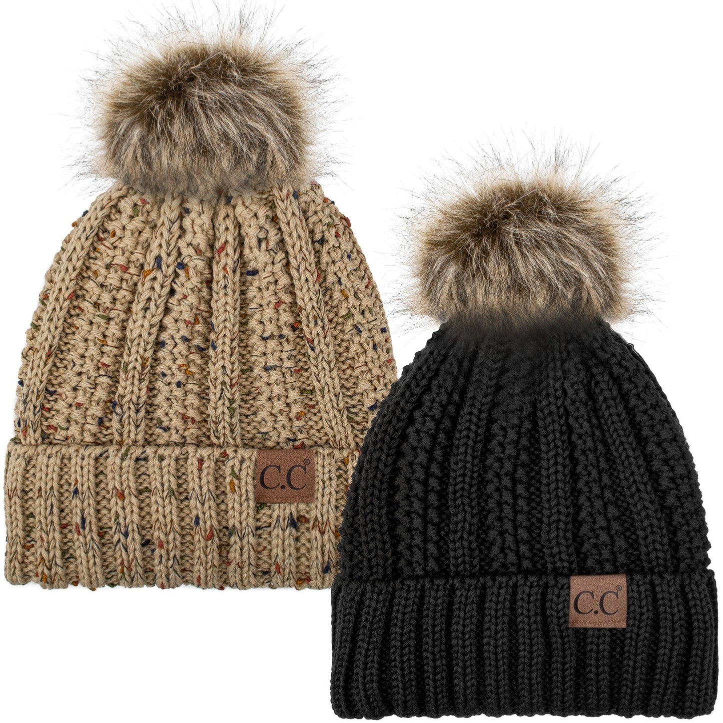 C.C Apparel Black and Confetti Latte C.C Winter Warm Hat Pack of 2 with Faux Fur Pom Pom, Thick Cable Knit Beanie and Fleece Lined Cuff, Black and Color of Your Choice (YJ 820)